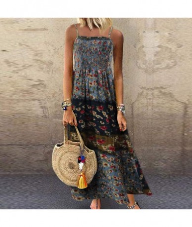 Bottoms Women Leisure O-Neck Loose 3/4 Sleeve Vintage Casual Floral Print Long Dress - Blue-a - CD18U4HAN0H $42.80