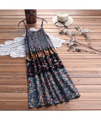 Bottoms Women Leisure O-Neck Loose 3/4 Sleeve Vintage Casual Floral Print Long Dress - Blue-a - CD18U4HAN0H $42.80