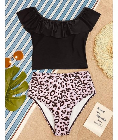 Sets Womens High Waisted Bikini Set Leopard Print Floral Stripe Ruffled Modest Two Piece Swimsuit - B-leopard Black - CL19626...