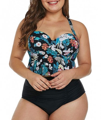 One-Pieces Womens Plus Size Halter Neck Peplum Tankini Two Piece Bathing Suit Swimwear Swimsuit(M-XXXL) - Flower-472 - CE18R6...