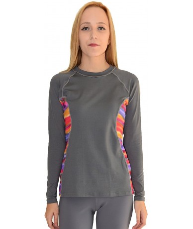 Rash Guards Women Beachwalk Plus Size UPF 50+ Swim Long Sleeve Top Rash Guard - Grey With Neon Fire - C4122I5U367 $52.37