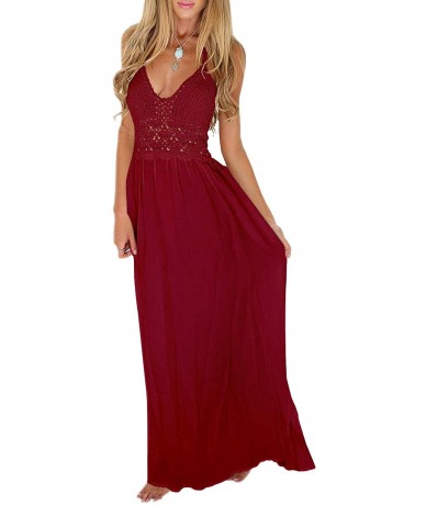 Cover-Ups Women's Beach Crochet Backless Bohemian Halter Maxi Long Dress - Wine Red - CJ18T9UD80A $63.64