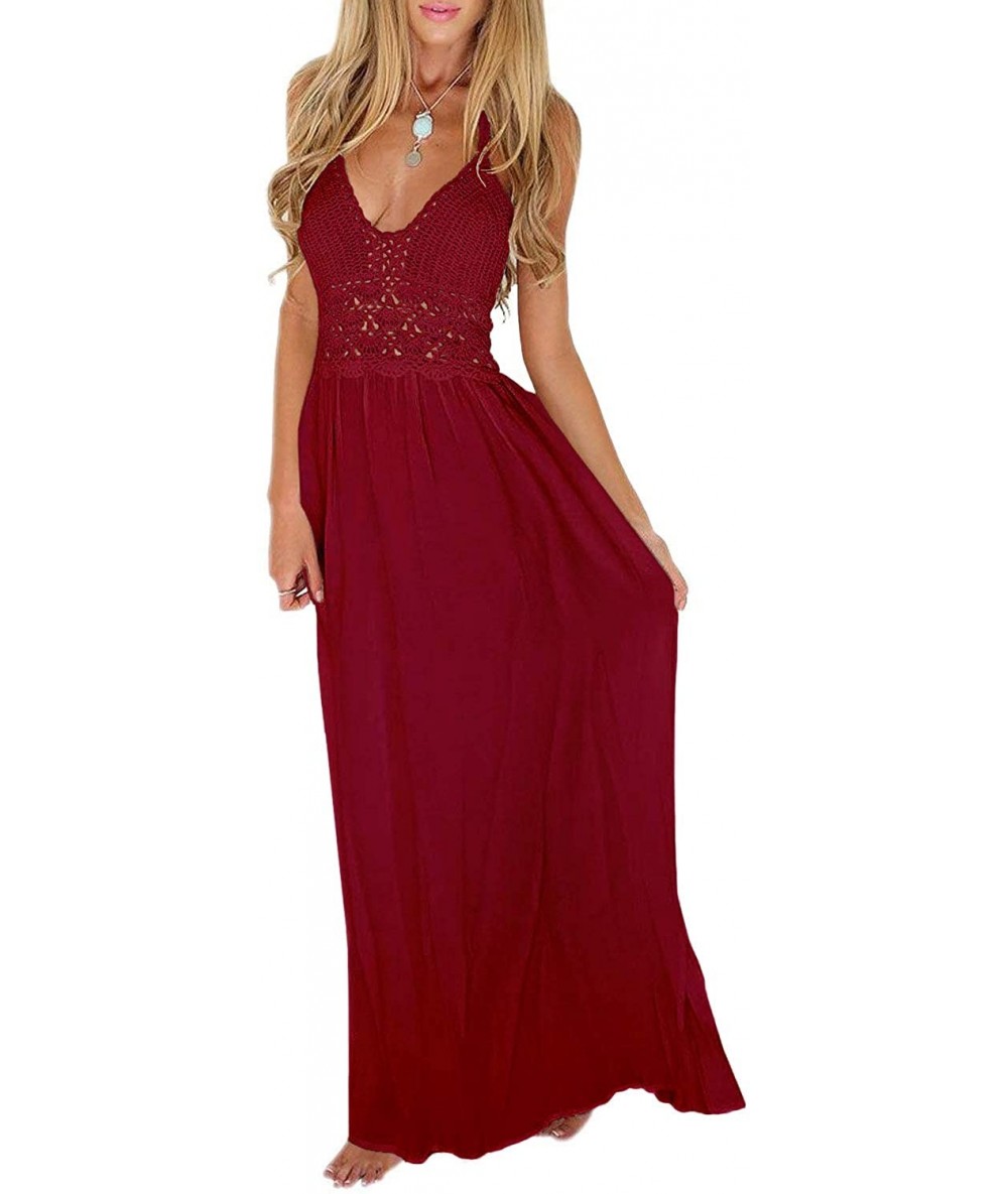 Cover-Ups Women's Beach Crochet Backless Bohemian Halter Maxi Long Dress - Wine Red - CJ18T9UD80A $63.64