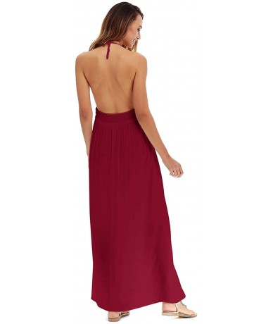 Cover-Ups Women's Beach Crochet Backless Bohemian Halter Maxi Long Dress - Wine Red - CJ18T9UD80A $63.64