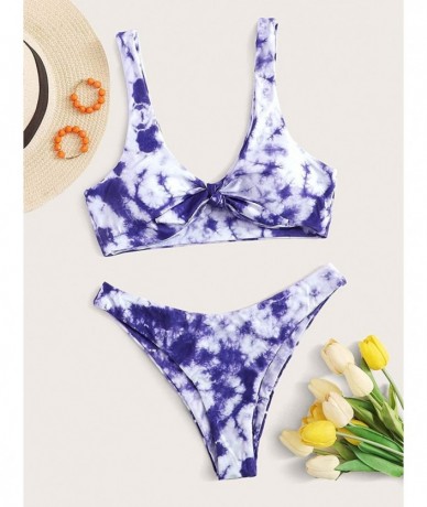 Sets Women's Sexy Bikini Swimsuit Plaid Print Tie Knot Front Thong Bottom Swimwear Set - Tie Dye-2 - CX190QYKHWH $43.40