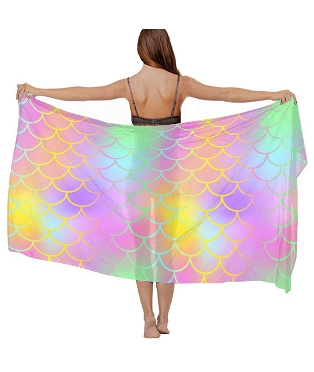 Cover-Ups Women Luxury Chiffon Swimwear Cover Up Oversize Beach Sarong Shawl Wrap - Colourful Fish Scale Magic Mermaid Tail -...