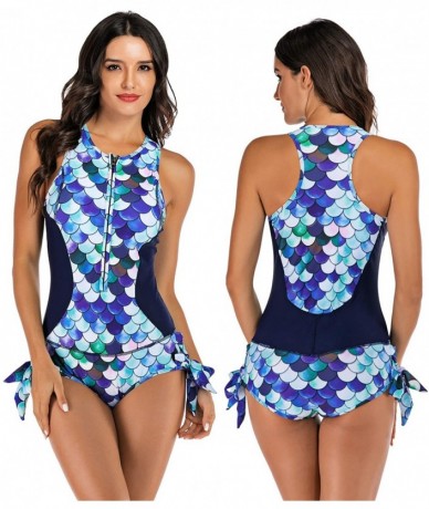 One-Pieces Women's One Piece Sleeveless Swimsuit Athletic Printed Zipper Surfing Monokini Swimwear Bathing Suit Blue Fish Sca...