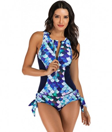 One-Pieces Women's One Piece Sleeveless Swimsuit Athletic Printed Zipper Surfing Monokini Swimwear Bathing Suit Blue Fish Sca...