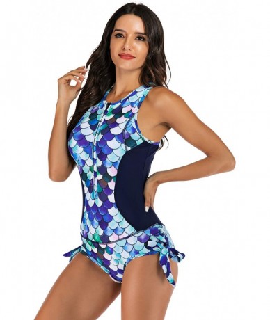 One-Pieces Women's One Piece Sleeveless Swimsuit Athletic Printed Zipper Surfing Monokini Swimwear Bathing Suit Blue Fish Sca...