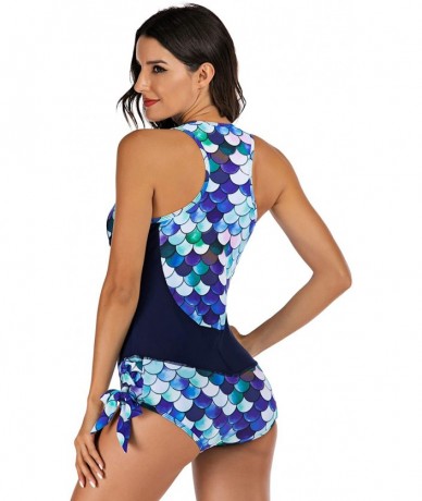 One-Pieces Women's One Piece Sleeveless Swimsuit Athletic Printed Zipper Surfing Monokini Swimwear Bathing Suit Blue Fish Sca...