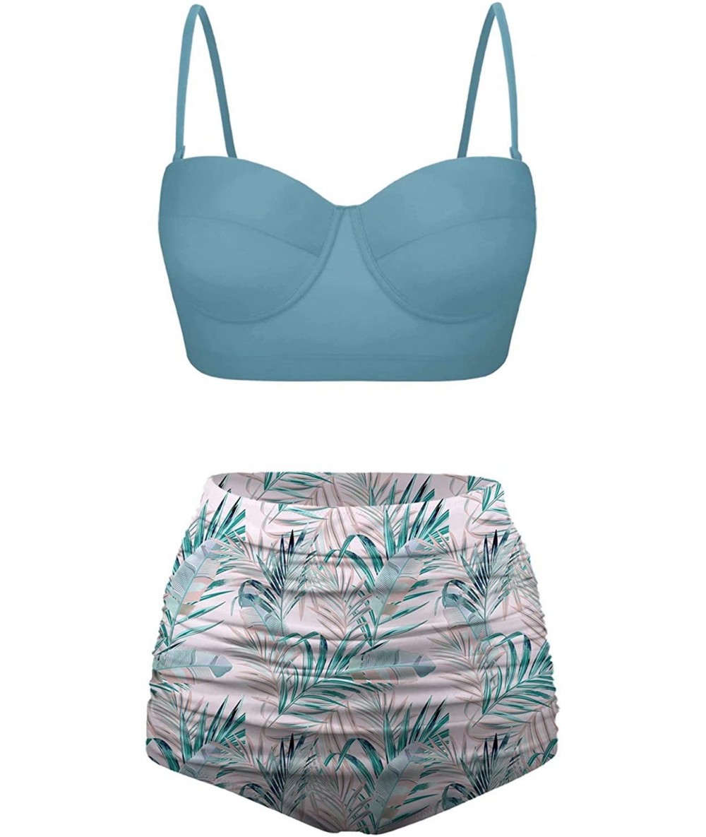 Sets Classic Abstract Tropical Monstera Leaf Seamless Pattern Bikini Set - Light Blue-1 - CN196D8Q025 $66.16