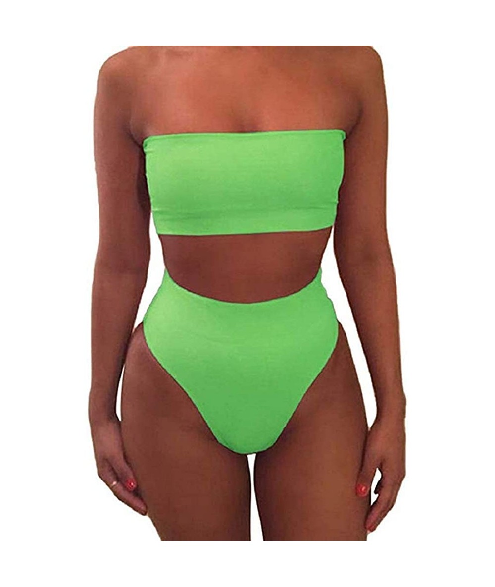 Sets Women's Removable Straps Bandeau Bikini High Waist 2 Piece Swimsuits - Green - C7193GZC03E $31.54