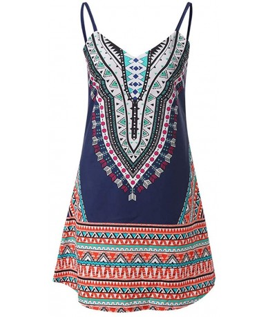 Cover-Ups Women Tunic Tops Dresses Lady Plus Size Vintage Print Sleeveless Evening Party Mini Dress - I-blue - C919CQHDXL9 $3...