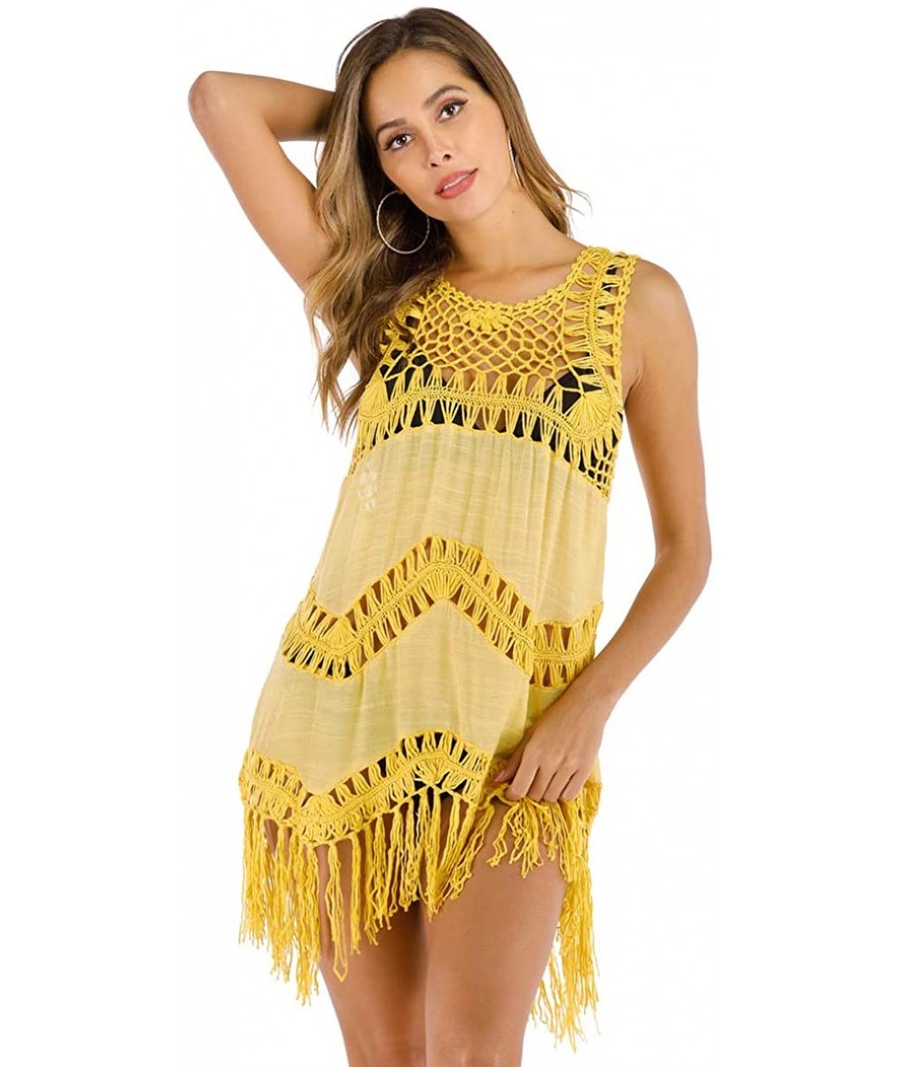 Cover-Ups Women's Sleeveless Crochet Tassel Swimsuit Bikini Swimwear Cover Up Bathing Suit Coverups - Yellow - CK196I0K84W $4...