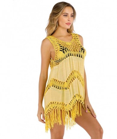 Cover-Ups Women's Sleeveless Crochet Tassel Swimsuit Bikini Swimwear Cover Up Bathing Suit Coverups - Yellow - CK196I0K84W $4...