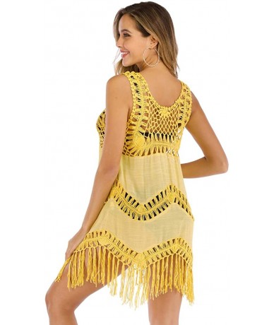 Cover-Ups Women's Sleeveless Crochet Tassel Swimsuit Bikini Swimwear Cover Up Bathing Suit Coverups - Yellow - CK196I0K84W $4...