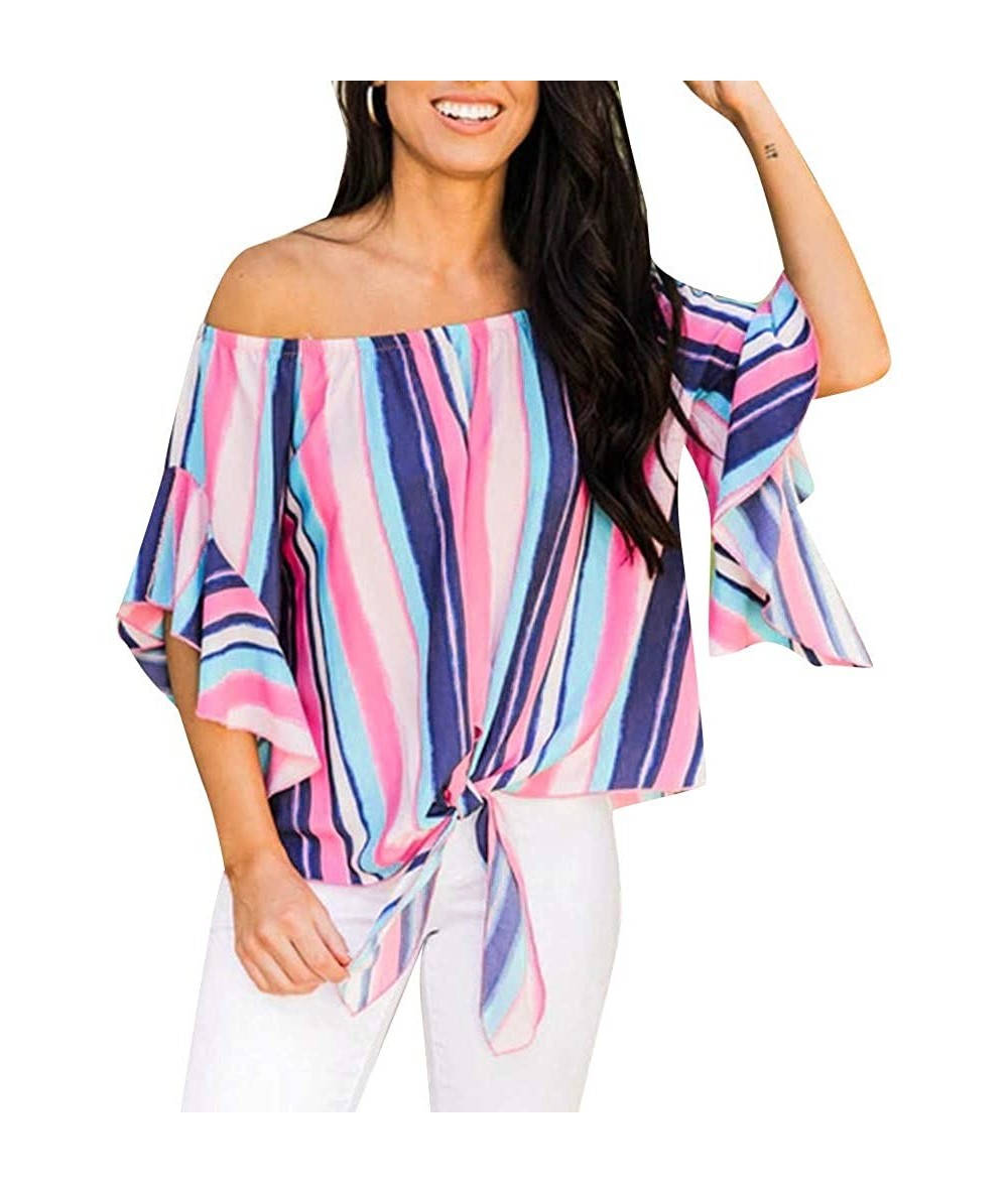 Tankinis Off Shoulder Blouses for Womens- Floral Stripe Bell Sleeve Baggy Tie Knot Tops Casual Shirts - 10 Pink - CN18SIN0NUC...