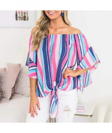 Tankinis Off Shoulder Blouses for Womens- Floral Stripe Bell Sleeve Baggy Tie Knot Tops Casual Shirts - 10 Pink - CN18SIN0NUC...