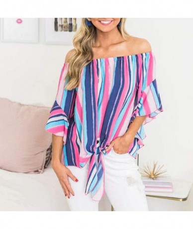 Tankinis Off Shoulder Blouses for Womens- Floral Stripe Bell Sleeve Baggy Tie Knot Tops Casual Shirts - 10 Pink - CN18SIN0NUC...