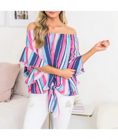 Tankinis Off Shoulder Blouses for Womens- Floral Stripe Bell Sleeve Baggy Tie Knot Tops Casual Shirts - 10 Pink - CN18SIN0NUC...