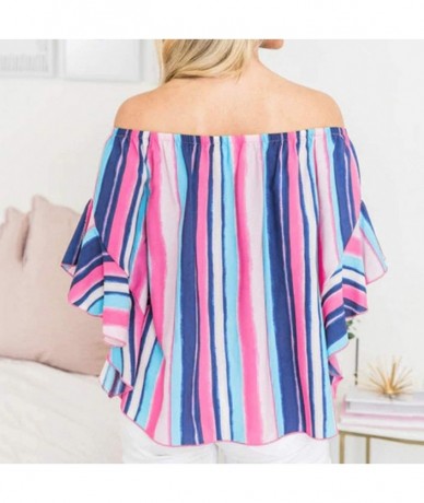 Tankinis Off Shoulder Blouses for Womens- Floral Stripe Bell Sleeve Baggy Tie Knot Tops Casual Shirts - 10 Pink - CN18SIN0NUC...