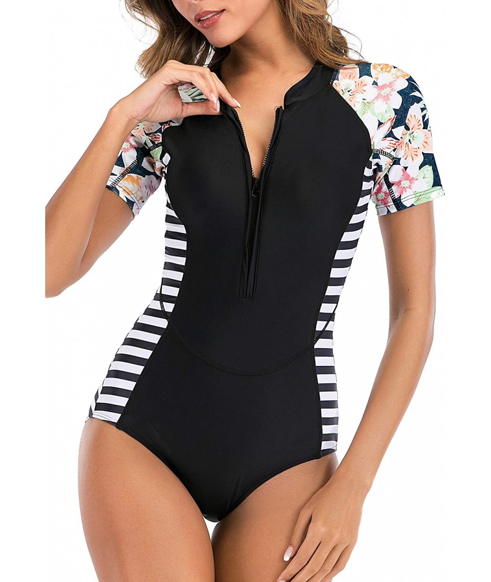 One-Pieces Womens Zip Front Long Sleeve High Neck One Piece Swimsuit Printed Rash Guard - T - 156 - CX18GLNL362 $59.80