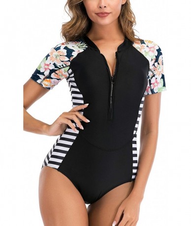 One-Pieces Womens Zip Front Long Sleeve High Neck One Piece Swimsuit Printed Rash Guard - T - 156 - CX18GLNL362 $59.80