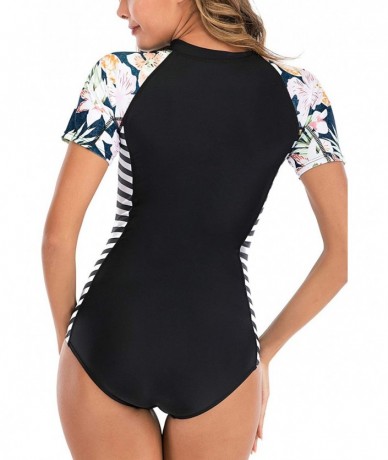 One-Pieces Womens Zip Front Long Sleeve High Neck One Piece Swimsuit Printed Rash Guard - T - 156 - CX18GLNL362 $59.80