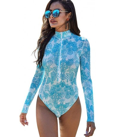 One-Pieces Women's Zipper UV Protection Rash Guard Tops Swimsuits Beach Surfing Longsleeve Thong Bodysuit - Blue - CV1967YA7N...