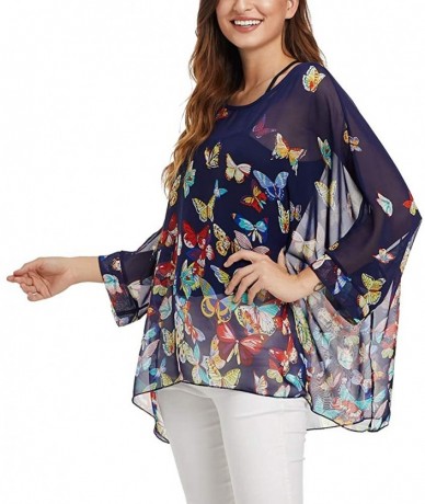 Cover-Ups Women's Bohemian Style Summer Beach Lagenlook Top Kimono Loose Waterfall Chiffon Kaftan Poncho Shirt N butterfly - ...