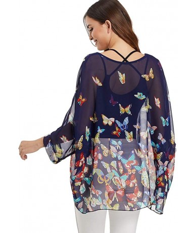 Cover-Ups Women's Bohemian Style Summer Beach Lagenlook Top Kimono Loose Waterfall Chiffon Kaftan Poncho Shirt N butterfly - ...