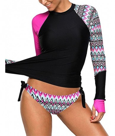 Tankinis Womens Long Sleeve Vibrant Print Rashguard Shirt Side Ties Color Block Tankini Swimsuit - Rose485 - C2189YCL2AI $50.01