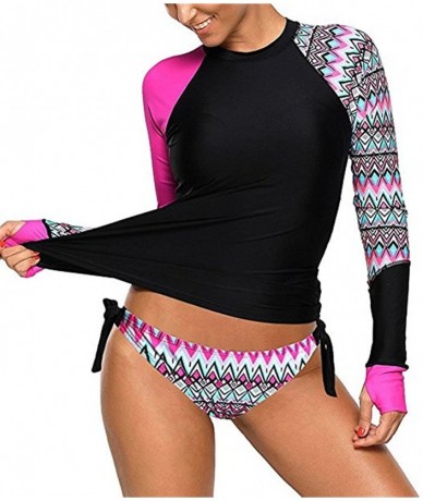 Tankinis Womens Long Sleeve Vibrant Print Rashguard Shirt Side Ties Color Block Tankini Swimsuit - Rose485 - C2189YCL2AI $50.01