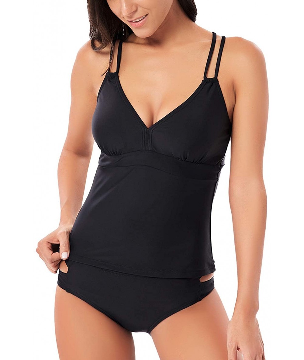 Sets Women's V Neck Tankini Set Strappy Bathing Suit Cross Back Cutout Two Piece Swimsuits - Black - CH19C9ODXK0 $50.01