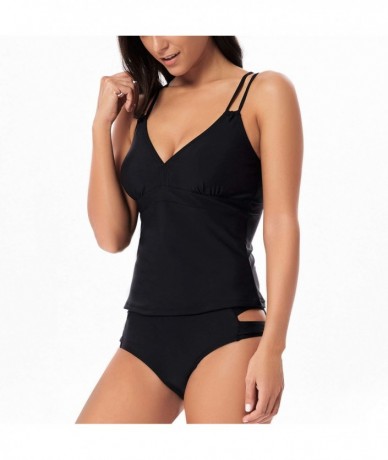 Sets Women's V Neck Tankini Set Strappy Bathing Suit Cross Back Cutout Two Piece Swimsuits - Black - CH19C9ODXK0 $50.01