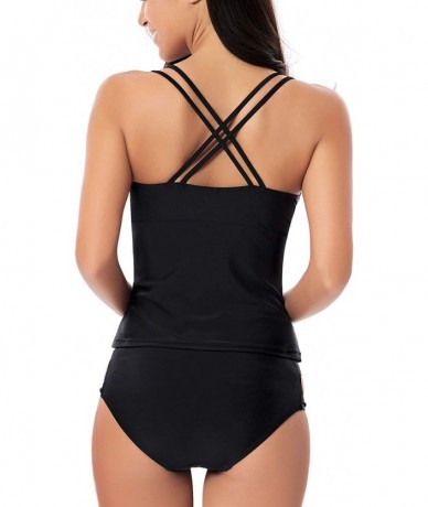 Sets Women's V Neck Tankini Set Strappy Bathing Suit Cross Back Cutout Two Piece Swimsuits - Black - CH19C9ODXK0 $50.01