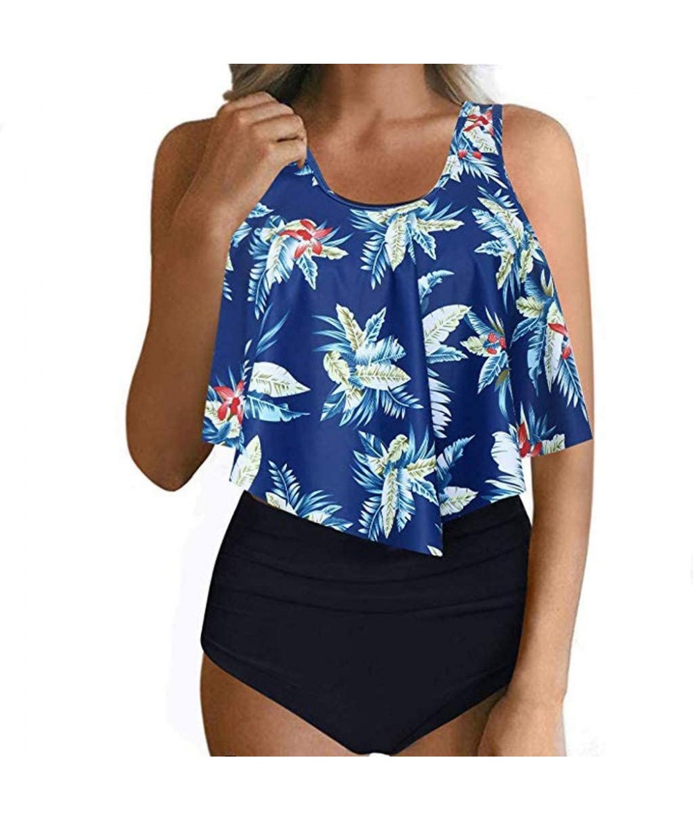 Racing Swimsuits for Women Sunflower Print Two Pieces Bathing Suits Ruffled Racerback Top with High Waisted Bottom - C Blue -...