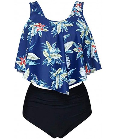 Racing Swimsuits for Women Sunflower Print Two Pieces Bathing Suits Ruffled Racerback Top with High Waisted Bottom - C Blue -...