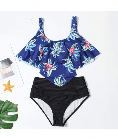 Racing Swimsuits for Women Sunflower Print Two Pieces Bathing Suits Ruffled Racerback Top with High Waisted Bottom - C Blue -...