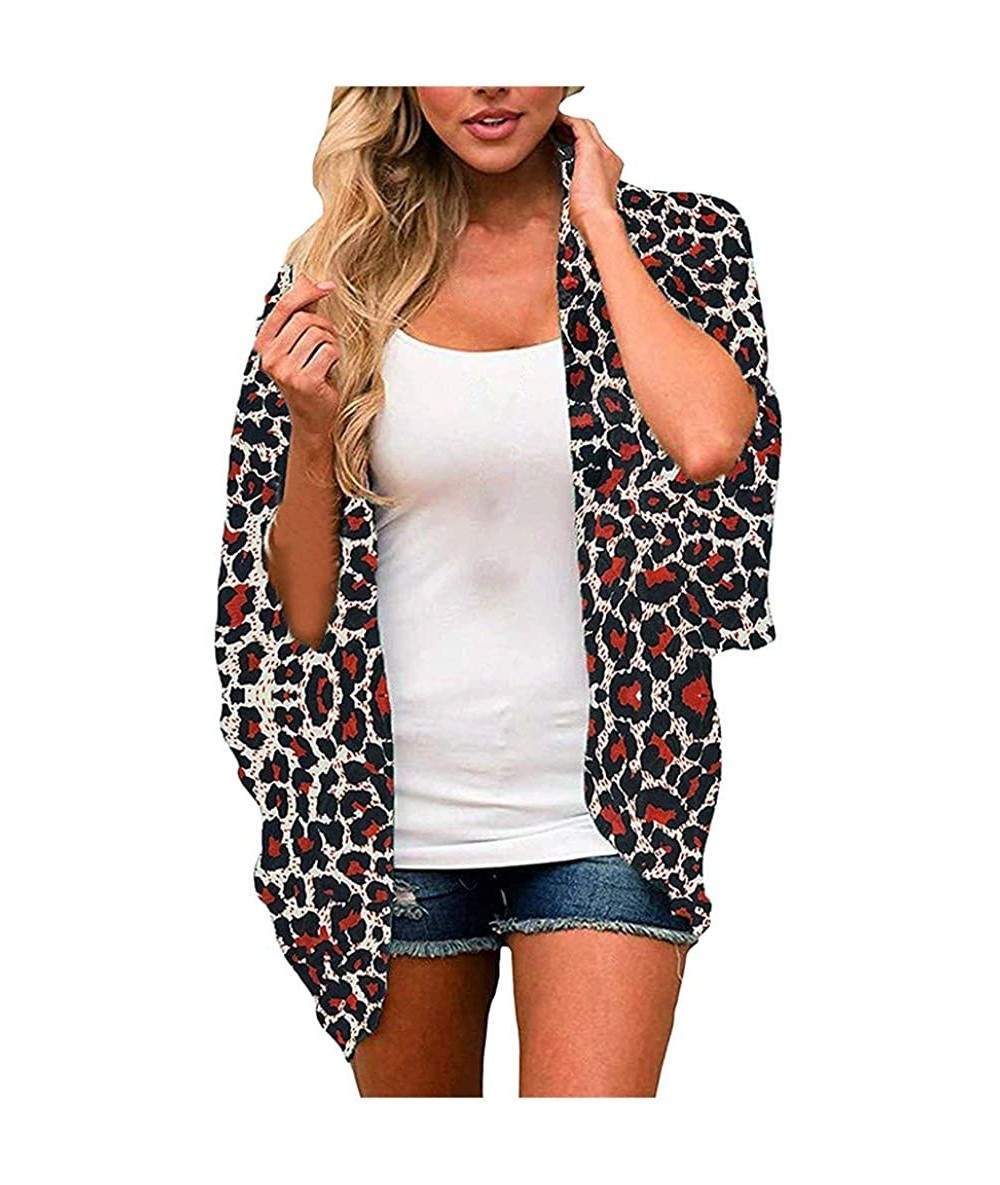 Cover-Ups Women Floral Kimono Cardigans Chiffon Casual Loose Open Front Cover Up Tops Kimono - F Red - C319CH407DL $76.07