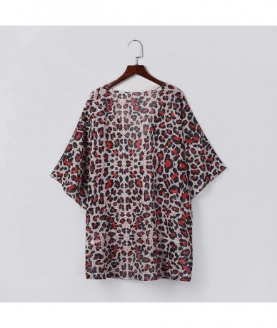 Cover-Ups Women Floral Kimono Cardigans Chiffon Casual Loose Open Front Cover Up Tops Kimono - F Red - C319CH407DL $76.07