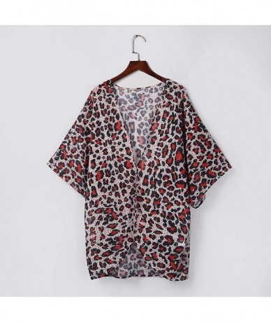 Cover-Ups Women Floral Kimono Cardigans Chiffon Casual Loose Open Front Cover Up Tops Kimono - F Red - C319CH407DL $76.07