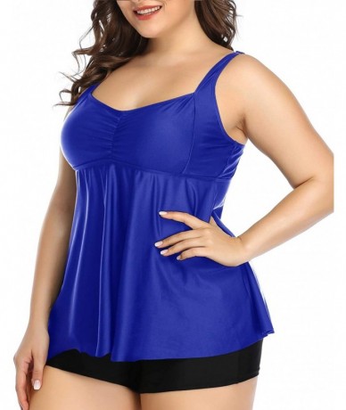 Tankinis Women Plus Size Tankini Swimsuits Flowy Two Pieces Bathing Suits with Shorts - Blue - CF18YEKDESY $51.88