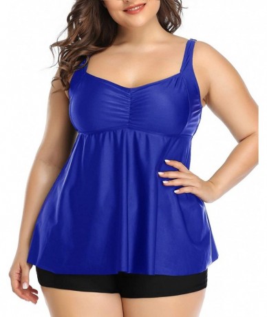 Tankinis Women Plus Size Tankini Swimsuits Flowy Two Pieces Bathing Suits with Shorts - Blue - CF18YEKDESY $51.88