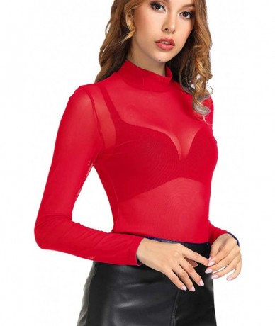 Cover-Ups Women's Mesh Tops Long Sleeve Sheer Blouse Sexy Shirt High Neck Clubwear - Red - CP18REZC5CZ $29.72