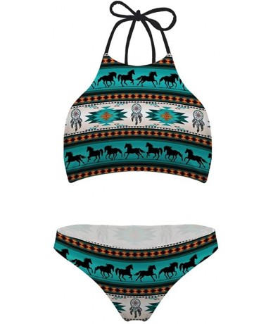 Sets Fashion Printing High Neck Halter Bikini Swimsuit for Women Girls Mesh Lining Quick Dry - Horse Dreamcatcher 1 - CM19687...