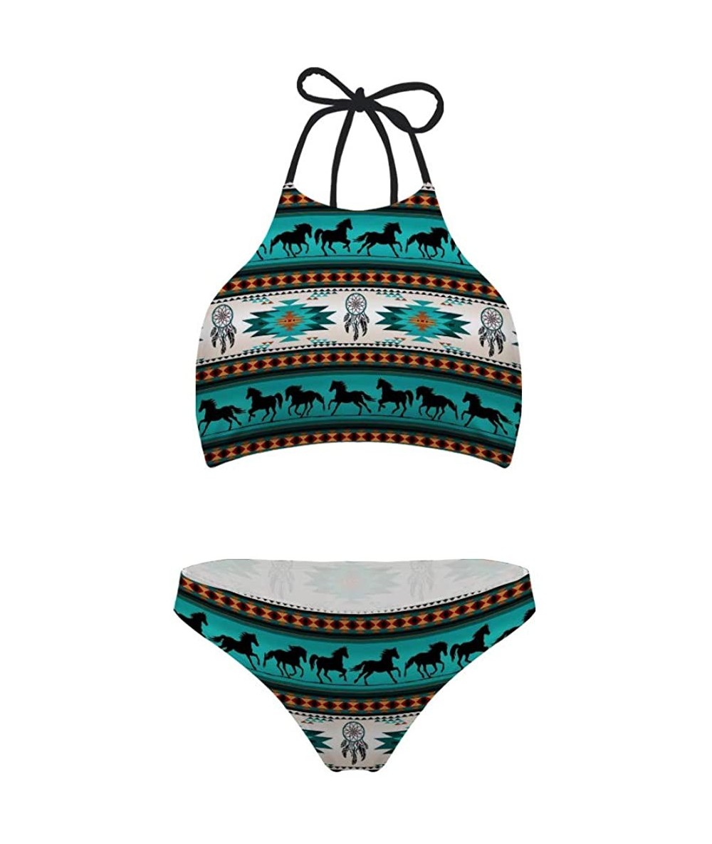 Sets Fashion Printing High Neck Halter Bikini Swimsuit for Women Girls Mesh Lining Quick Dry - Horse Dreamcatcher 1 - CM19687...