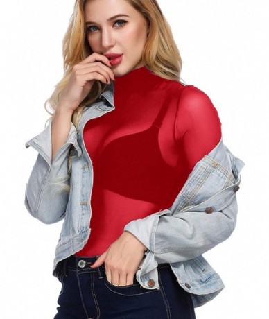 Cover-Ups Women's Mesh Tops Long Sleeve Sheer Blouse Sexy Shirt High Neck Clubwear - Red - CP18REZC5CZ $29.72