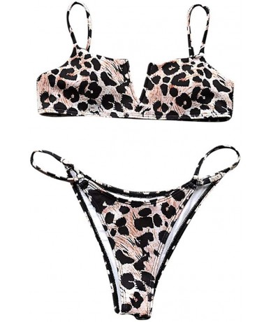 Sets Sexy Bandage Halter V-Neck Leopard Brazilian Triangle Bikini Set Swimsuit - Brown - C718UTEKTK9 $24.46