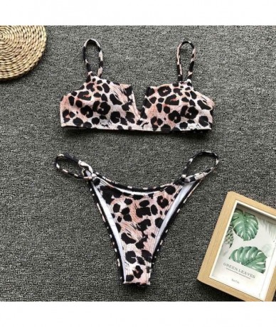 Sets Sexy Bandage Halter V-Neck Leopard Brazilian Triangle Bikini Set Swimsuit - Brown - C718UTEKTK9 $24.46